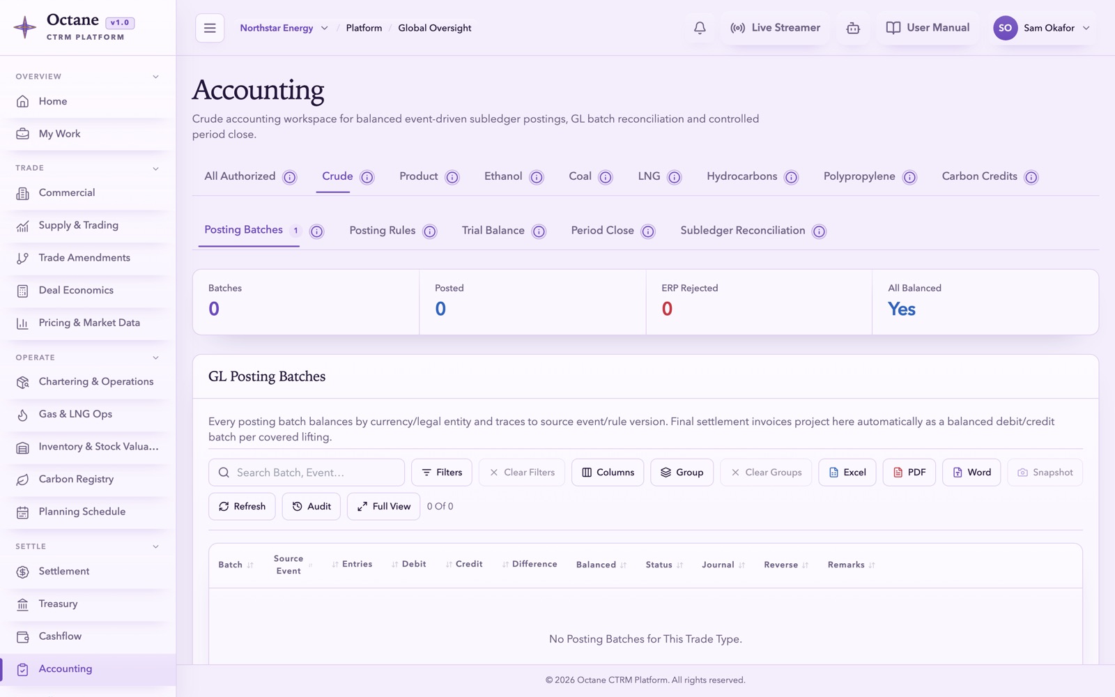 Octane Accounting — ledger postings, GL reconciliation and period close