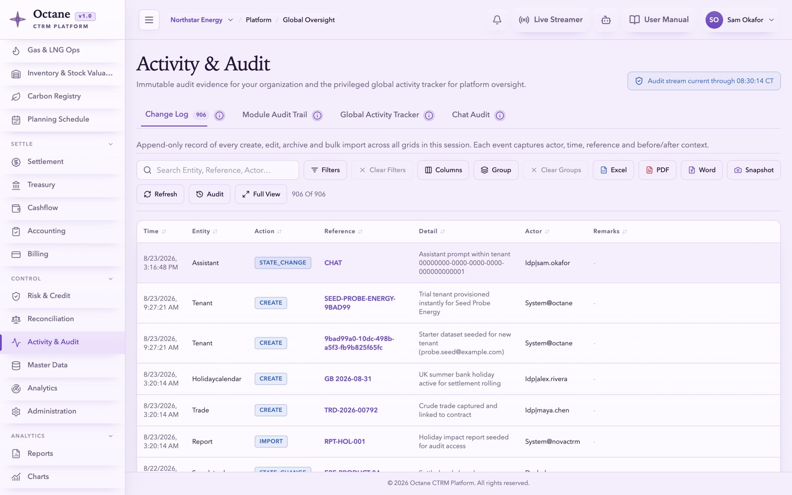 Octane Activity & Audit — immutable history of every change made in the system