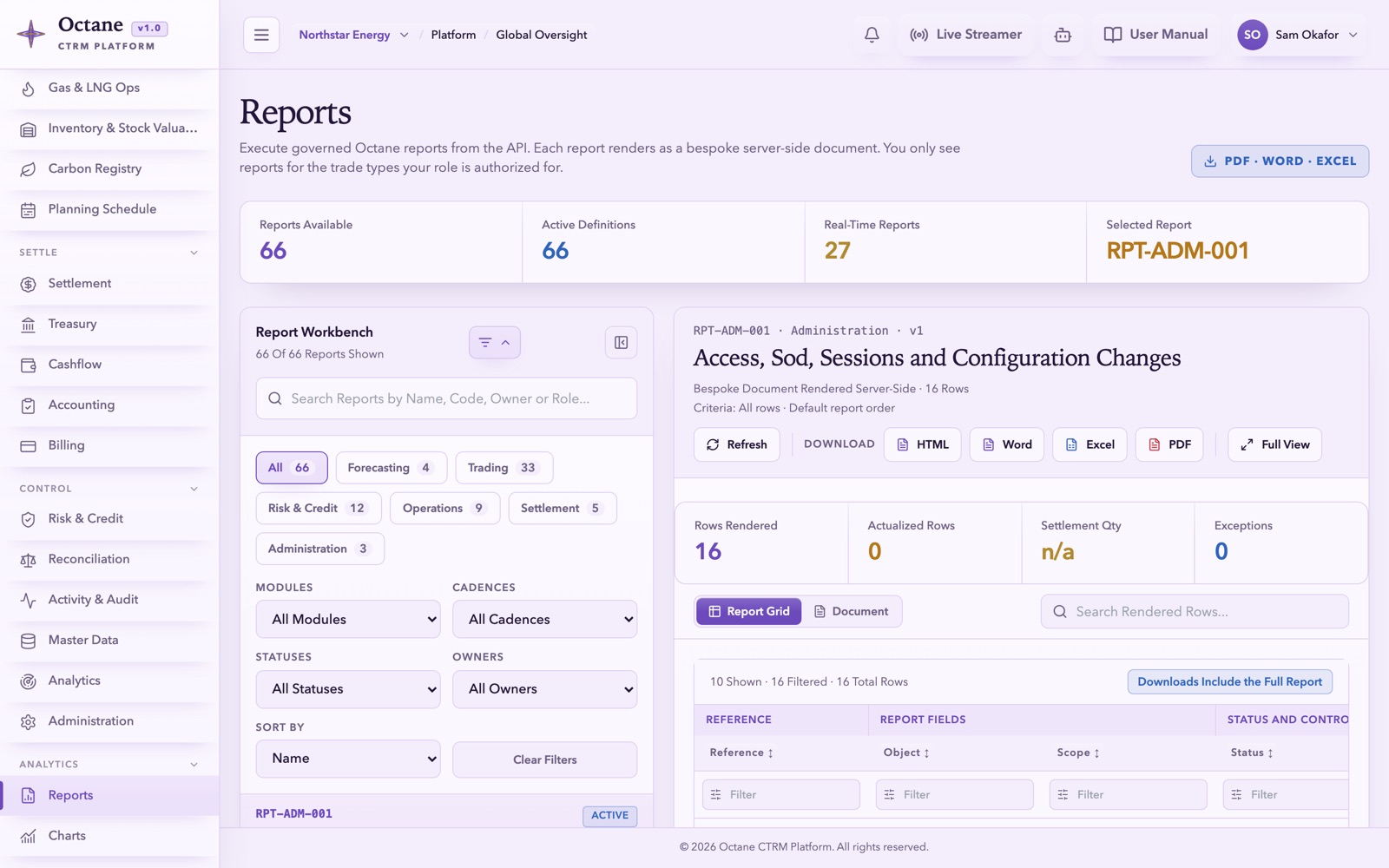 Octane Reports — governed reports exported as PDF, Excel or Word